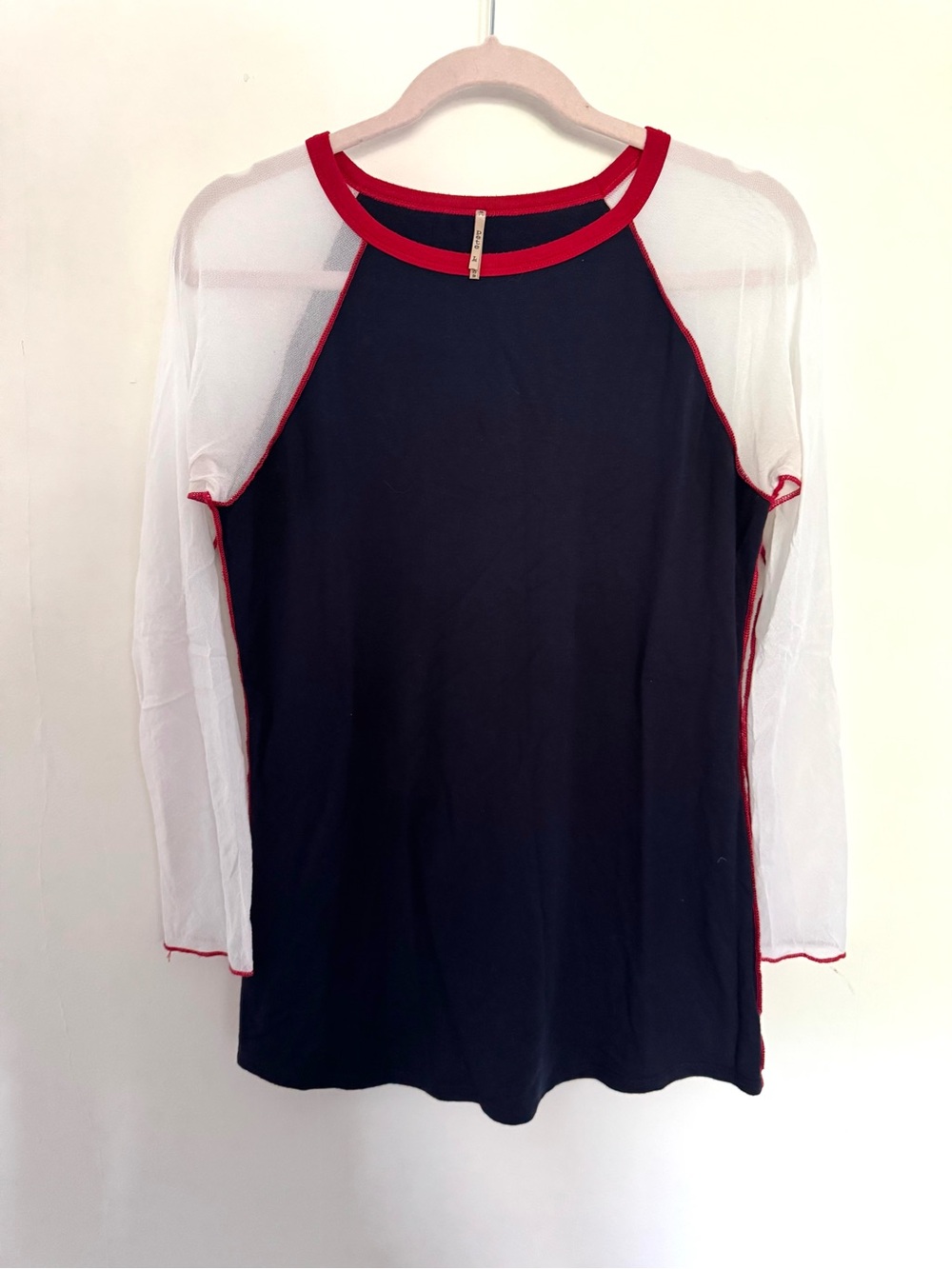 Pete. Mesh-Sleeve Navy Top with Red Trim - Women's Long Sleeve